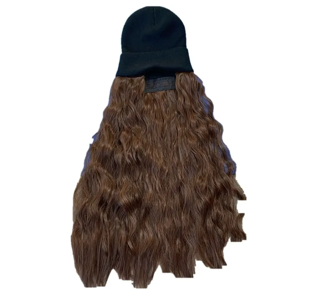 Long Curly Wavy Brown Hair Beanie Wig • Black Knit Hat Attached Extensions 30”
